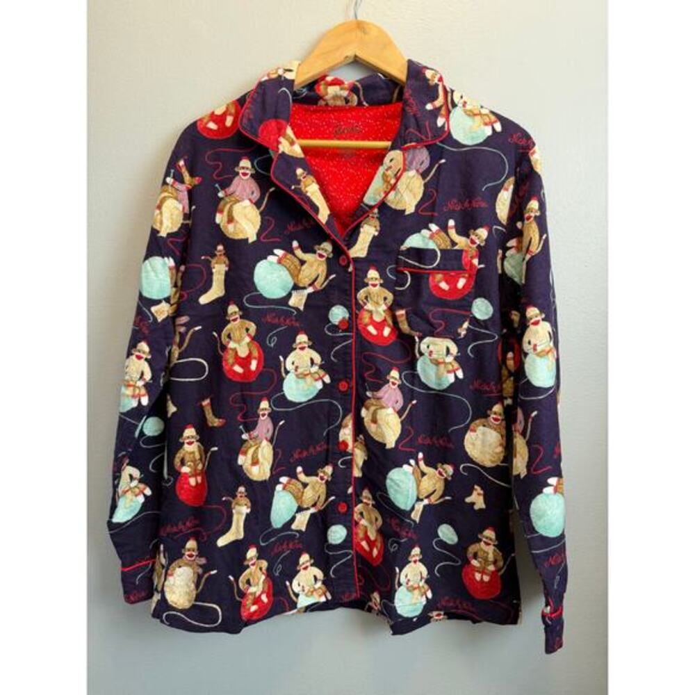 Nick and Nora Sz Large Flannel Sock Monkey Yarn Pajama Top Button Up Long Sleeve